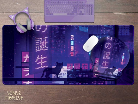Purple Neon City Car Floor Mats, Cute Japanese Night Street Anime