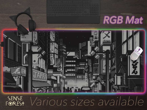 Tapis de souris Vaporwave noir, tapis de bureau pixel art RVB, tapis de  souris gaming Lofi de ville japonaise XXL, tapis de souris lumineux animé  mignon, configuration de bureau pour joueur 