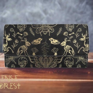 Dark Academia Cottagecore Animal bones trifold wallet, Nature lover Black Vegan leather long clutch wallet, Boho card organizer goth purse