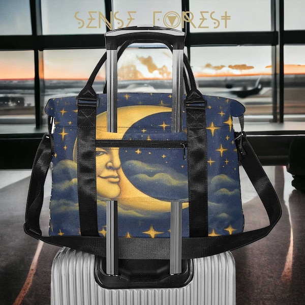 Celestial Blue sky Moon stars tapestry bag, Boho Witch Under chair aeroplane carry on overnight duffle, weekender bag with Trolley Sleeve
