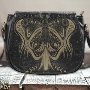 Boho Moon Moth Vegan leather Goth saddle bag, Boho witchy crossbody purse, cute Vegan leather hand bag goth bag, dark kawaii goth purse gift