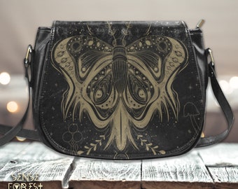 Boho Moon Moth Vegan leather Goth saddle bag, Boho witchy crossbody purse, cute Vegan leather hand bag goth bag, dark kawaii goth purse gift