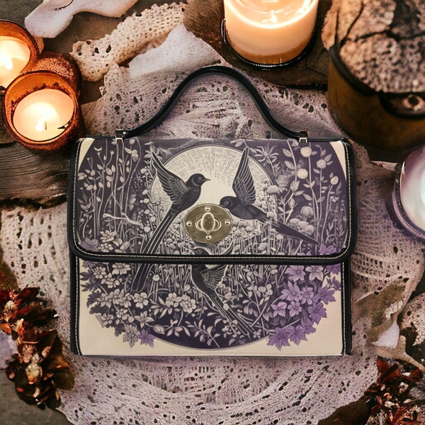 Cottagecore Vintage Lino art Canvas Satchel bag, Barn swallow birds Botanical purse handbag, Purple witchy floral crossbody boho hippies bag
