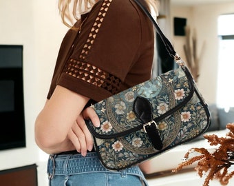 Maximalist Teal groene madeliefje Vegan lederen schoudertas, Y2k onder arm stokbrood tas, cross body portemonnee, Triple moon dark academia portemonnee