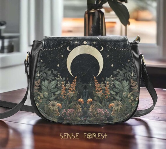 Green Fern Lush Forest Vegan Leather Witchy Saddle Bag Wicca Moon Crossbody Cute PU Leather Handbag Goth Bag Hippies Boho Purse Bag Gift Etsy