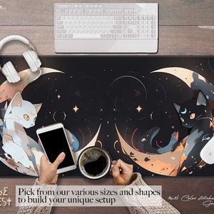 Luna Anime Moon cats Desk Mat, Cute Japanese Retro Anime Extended mouse pad, Extra Large Girl gamer Gaming mousepad wrist rest