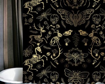 Rideau de bain sombre avec os d'animaux de la forêt Cottagecore, étrangetés gothiques Rideau de douche académique sombre avec 12 crochets en forme de C 69 x 70 po