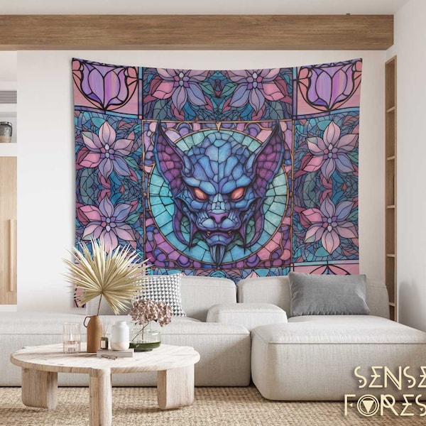 Kawaii Goth Pink blue Medieval Gargoyle wall tapestry, Stained glass home decor Wall art, Gothic home protector dorm room wall hang gift