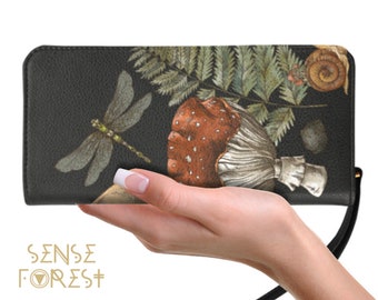Magic Mushroom clutch wallet, Green Witch Goth wallet Vegan PU Leather wallet, Cute witch Boho women Wallet organizer Long wallet purse