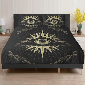 Third eye Spiritual Ajna Chakra 3 Pcs Beddings, Mystical witchy Goth black gold  bedroom decor, Dark academia duvet cover pillowcase set