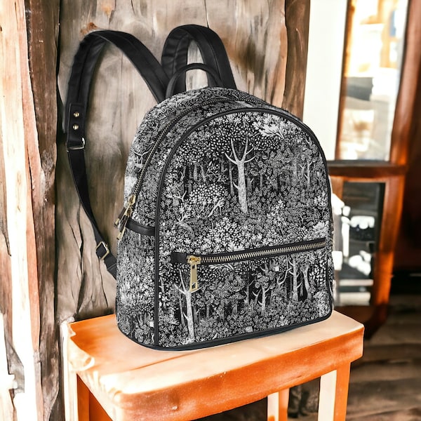 Dark Cottagecore black & white forest wood Mini backpack, Linocut art Vegan leather PU Backpack purse, Nature lover back to school day pack