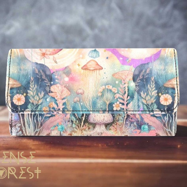 Dreamy mushroom forest trifold wallet, cute cottagecore Vegan Leather wallet, mystical women Wallet organizer Long clutch wallet card holder