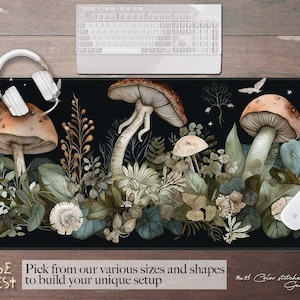 Musty Mushroom Forest mystical desk mat witchy, Cottagecore boho XXL extended mouse pad gaming, Cute mousepad with wrist rest keyboard pad