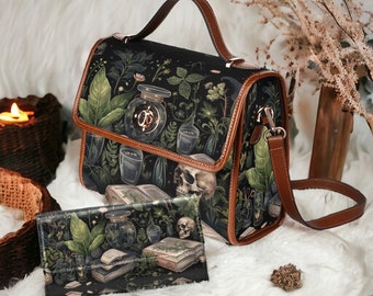 Dark academia cottagecore witchy Green botanical canvas satchel Bag, Herbalist forest witchcraft mystical whimsy goth crossbody purse bag