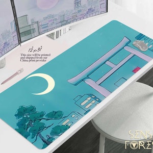 Retro 90s Anime desk mat, Japanese sailor moon aesthetic large gaming mouse pad, cute Ergonomic mousepad wrist rest, Teal green deskmat