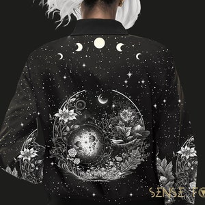 Mystical Witch Wicca Celestial Womens Bomber Jacket, Moon phase bomber jacket, Soft Goth jacket, Boho Witchy clothing, modern shaman