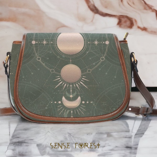 Hippies Constellation Moon phases Olive Canvas saddle bag, Witchy Astrology Nylon small large crossbody bag, Brown Vegan leather trims purse