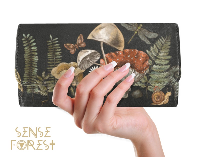 Ferns Magic mushroom trifold wallet, Boho Cute green Witch PU Leather wallet, Cute goth women Wallet organizer Long clutch wallet goth purse image 7