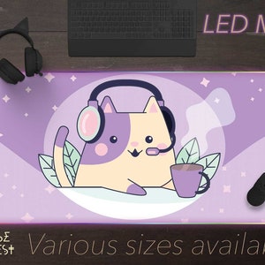 Kawaii Gamer kitty RGB mousepad lager desk mat, Purple space cat Anime Gaming Mouse Pad, Cute Light up RGB gamer desk setup