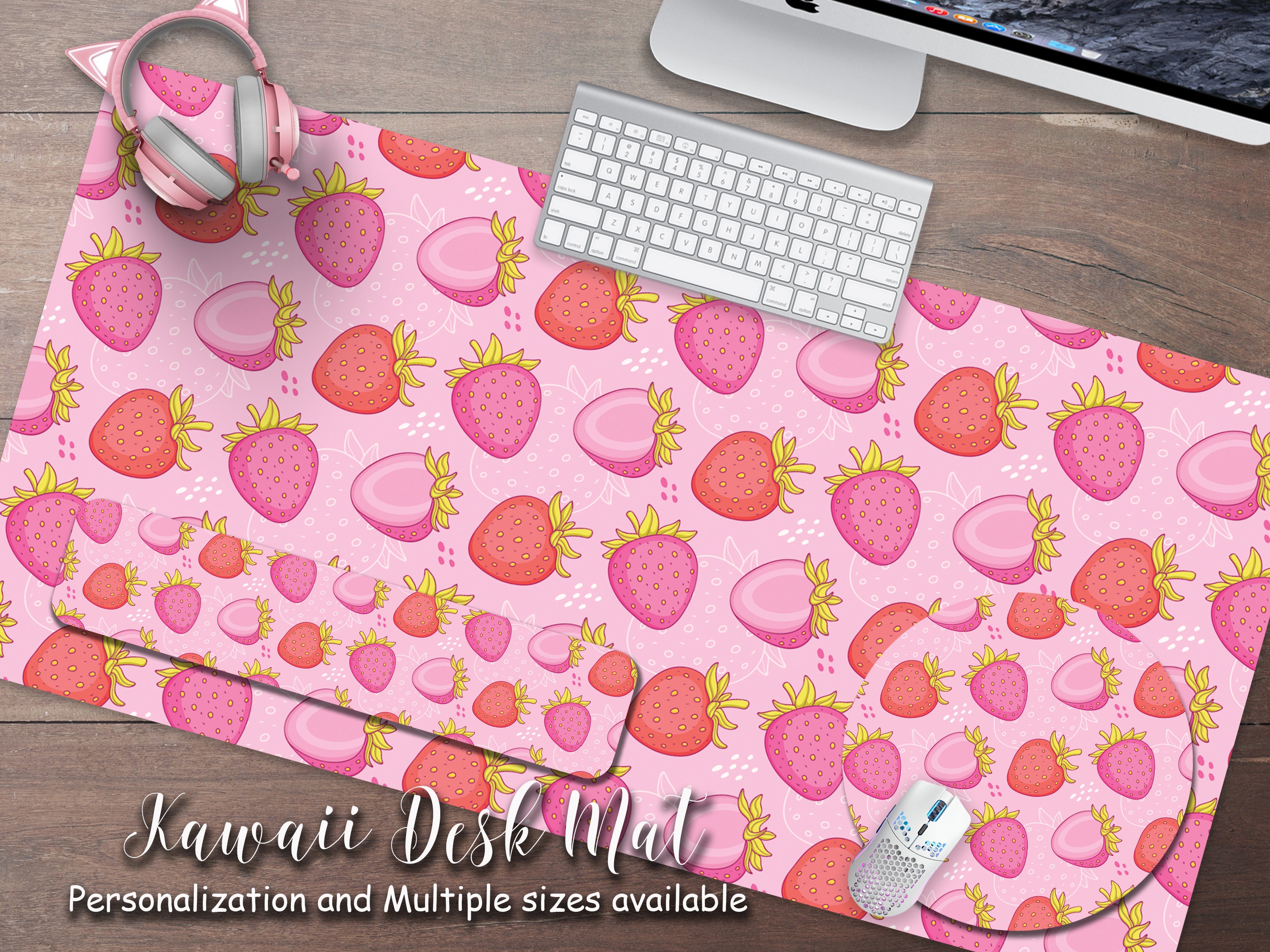 Kawaii Pink strawberry desk mat cute extended mouse pad extra Etsy