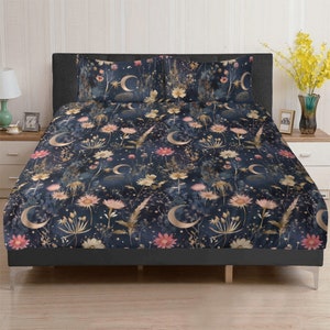 Cottagecore Moon star night sky 3 Pcs Beddings, Wildflowers whimsy goth bed set dorm bedroom decor, Witchy boho duvet cover pillowcase gift