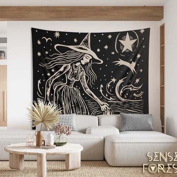 Starry night Witch Brew Linocut print wall tapestry, Witchy Whimsical home decor Wall art, Spooky Halloween dorm room wall hang gift