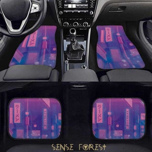 Japanese Neon City Night Car floor mats, Anime Pink Purple Night street Car mat for vehicle women car interior decor accessories Gift