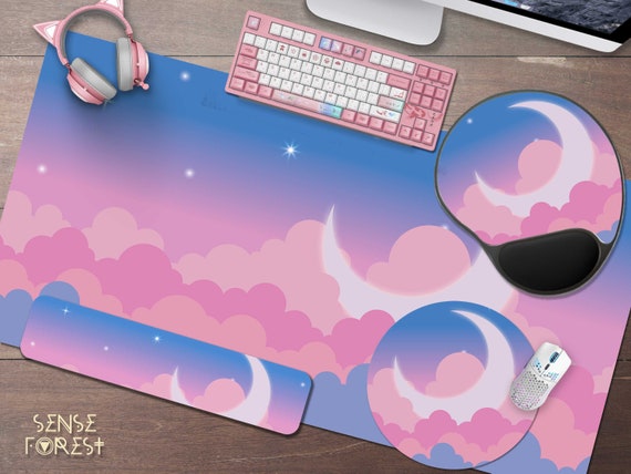 Cute Pastel Clouds Big Moon Purple Desk Mat Kawaii Desk Mat Cute