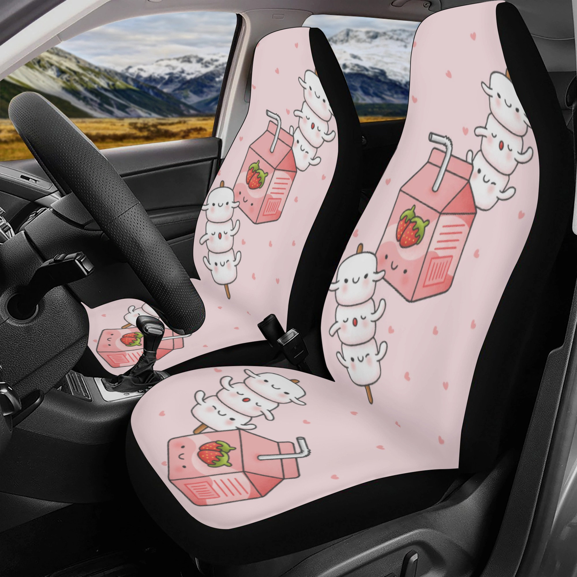 Kawaii Pink Strawberry Milk Car Seat Covers, Cute Pastel