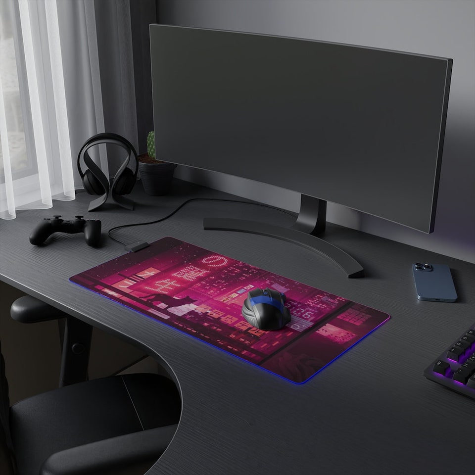 Discover Neon Red Tokyo desk mat RGB, LED gaming mousepad Changing