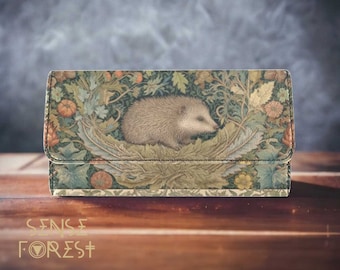 Retro Hedgehog forest animal Cottagecore trifold wallet, Renaissance floral Vegan leather long clutch wallet, Boho Whimsical cards organizer