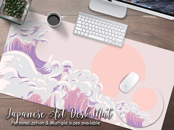 Kawaii Pastel Japanese Great Wave Desk Mat, Cute Pink Extended