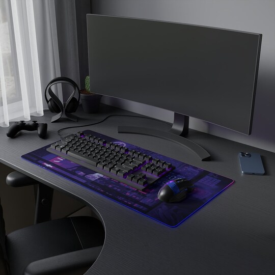 Neon purple Tokyo desk mat RGB, LED gaming mousepad with Changing lights