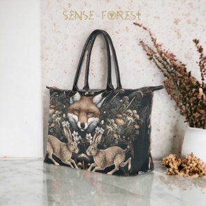 Dark Cottagecore Mushroom forest animal Witchy handbag, Fox Rabbit bird boho zip tote , Witch aesthetic bag with vegan leather handles