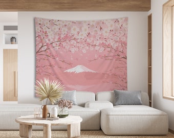 Kawaii Pink Cherry blossom Fuji mountain Indoor Wall Tapestry, Cute Japanese wall decor, Large small size dorm room aesthetic wall decor