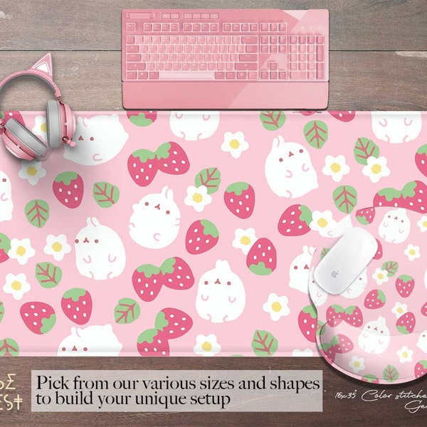 Pink Kawaii Bunny Desk Mat, Strawberry Field Desk Pad Large, Extended Mouse Pad Wrist Rest Cute, Xxl Gming Computer Pad Gamer Desk Setup