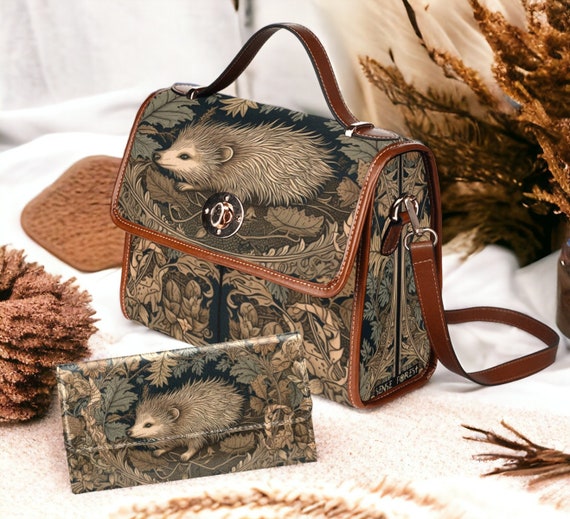 Retro Hedgehog in the Wood Canvas Satchel Bag Forestcore