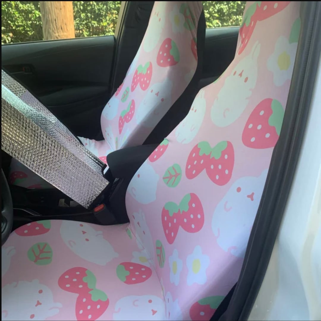 Kawaii Pink Strawberry Milk Car Seat Covers, Cute Pastel