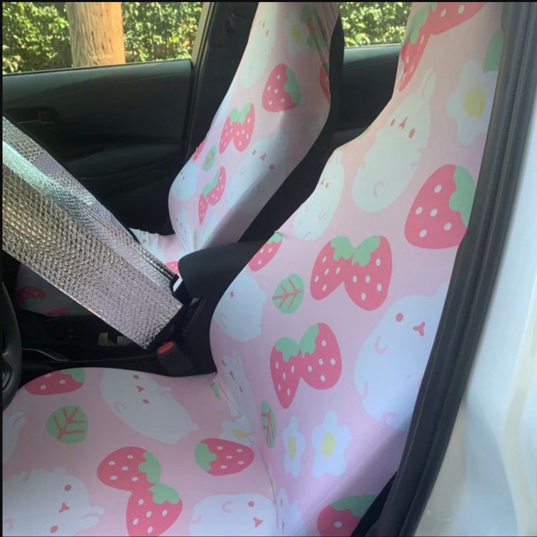 Kawaii Pastel Pink Car Seat Covers, Chubby Bunny Strawberry Field Seat