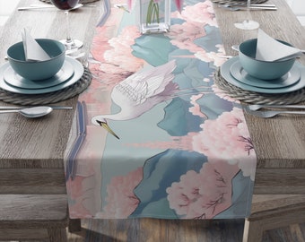 Japanse Pastel Crane Kersenbloesem diner tafelloper doek, Sakura eetkamer interieur, Tafelloper Gotisch housewarming cadeau