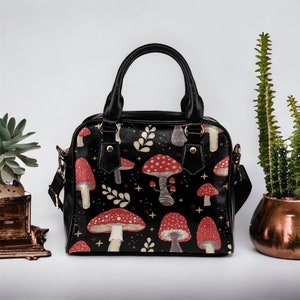 Kawaii Goth Amanita magic Mushroom bowler hand bag, Cute forest witch PU Vegan leather shoulder bag with strap, cute bowling purse handbag