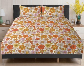 Nostalgic Cottagecore 70s inspired Daisy floral 3 Pcs Beddings, Funky Retro Flower-powered bedroom decor, Radiant duvet cover pillowcase set