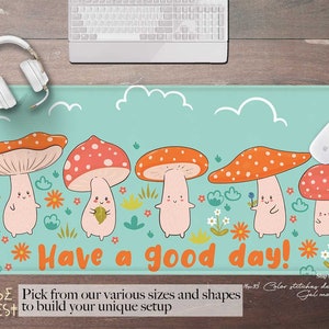 Kawaii Turquoise Amanita magic Mushroom PU leather Desk Mat, Cottagecore forest gaming mousepad RGB,  Ergonomic silicone wrist rest desk pad