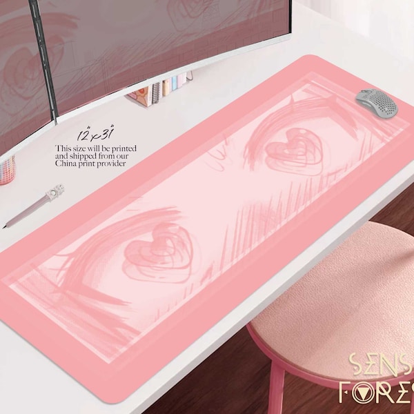 Shojo Manga loving eyes pink desk mat, Japanese Kawaii Anime girl gaming mouse pad, Pastel keyboard wrist rest mousepad cute desk setup