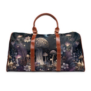 Dark Cottagecore mushroom Forest Waterproof Travel Bag, witchy Forest large duffle bag with shoulder strap, Brown vegan leather handles