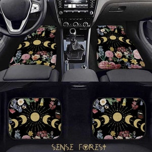 Boho Moon Phase Floral Car floor Mat set, Dark Cottagecore cute witchy car interior decor accessories, car mats for women