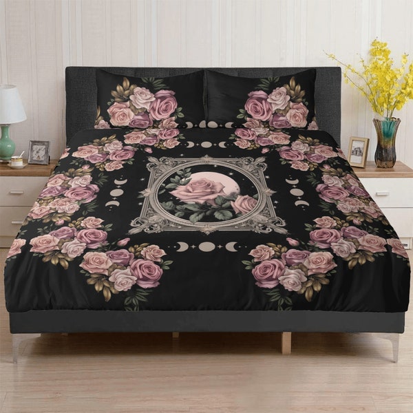 Dark Cottagecore Academia Boho Moon Pink Rose 3 Pcs Beddings, Whimsical witchy bedroom decor, Gothic floral duvet cover pillowcase set