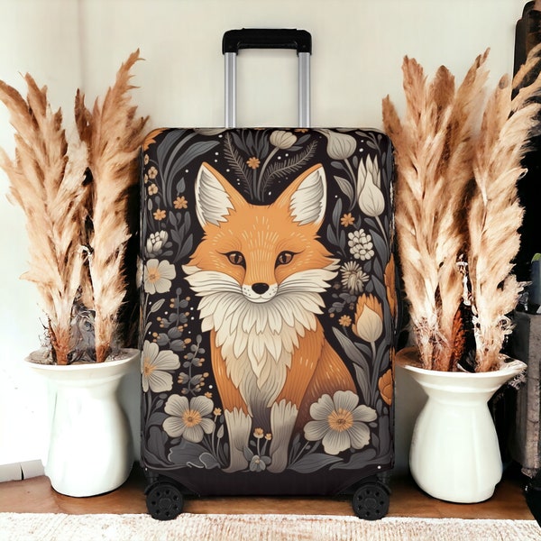 Kawaii Forest Fox wildflowers Polyester Luggage Cover, Cottagecore Luggage protector, forest art suitcase decor, Travel lover traveller gift