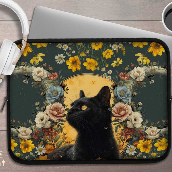 Cottagecore Laptophülle mit schwarzer Katze, Dreifachmond, Wildblumen-Laptophülle, iPad-Tablet-Hülle, gepolsterte Laptoptasche