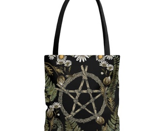 Daisy Forest Pentagram Boho witchy Tote Bag, Spiritual witchcraft tote bag, Cute large Polyester witchcraft tote bag, Boho cottagecore gift